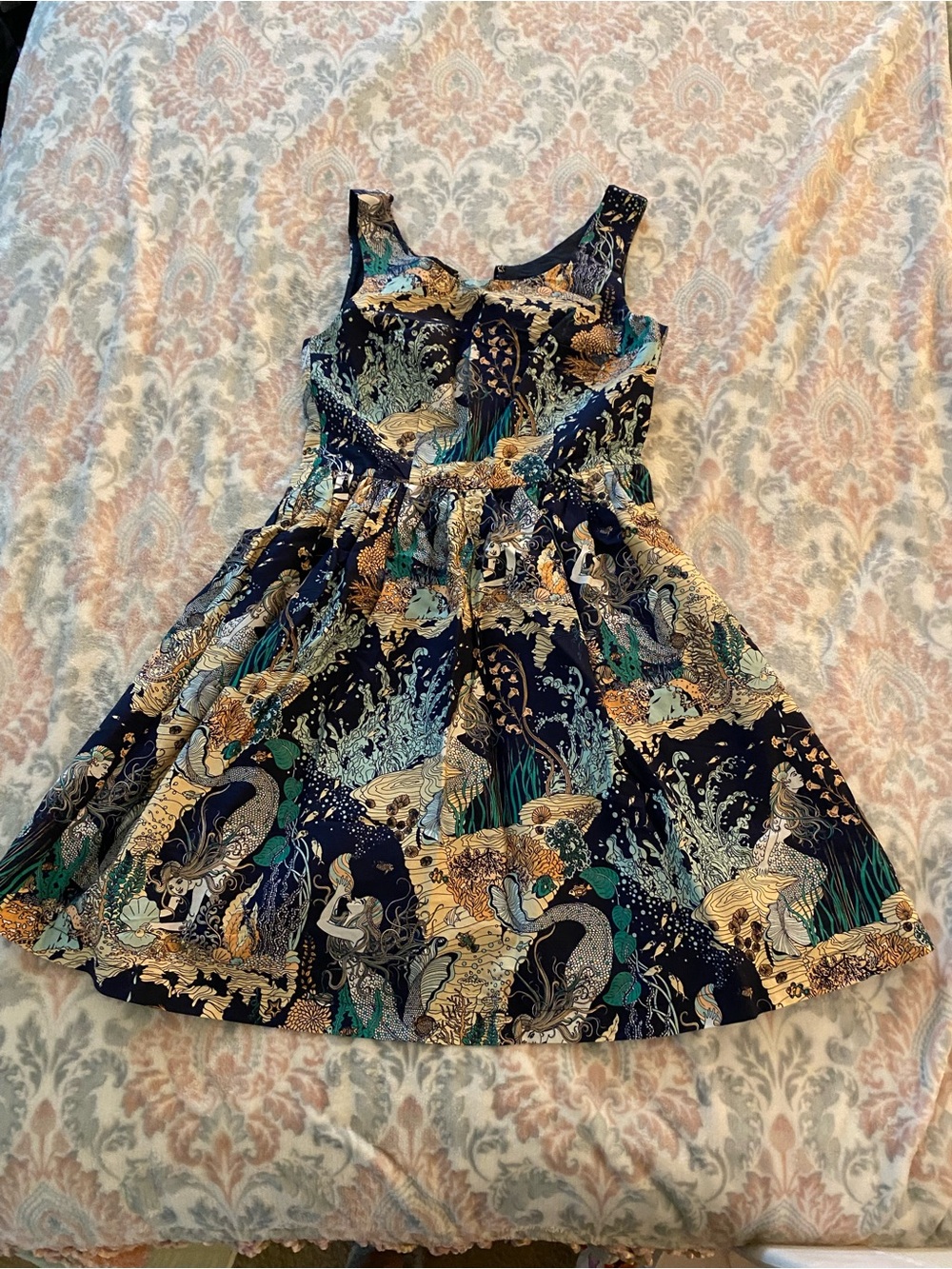 Modcloth c DuPenny Navy Nautical Mermaid & Gold Undersea Print Dress